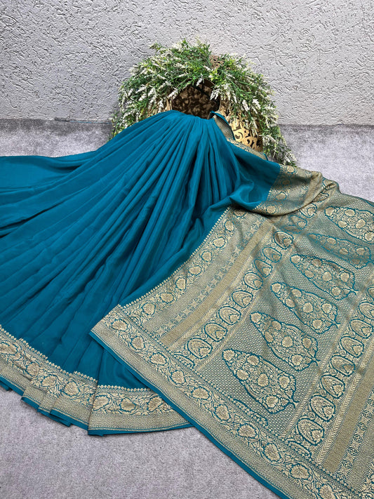 PEACOCK BLUE KHADDI CHIFFON PURE HANDLOOM BANARASI SAREE