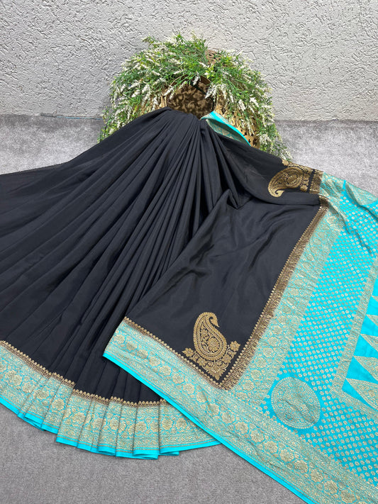 BLACK KHADDI CHIFFON PURE HANDLOOM BANARASI SAREE
