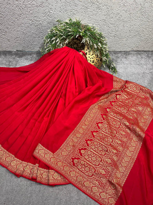 BRIGHT RED KHADDI CHIFFON PURE HANDLOOM BANARASI SAREE