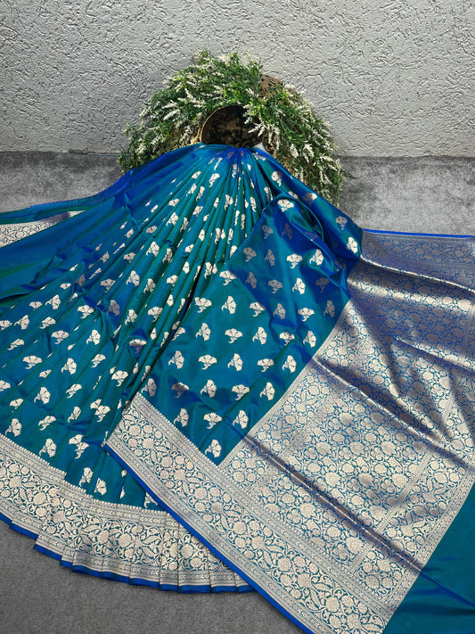 TEAL BLUE SILK PURE HANDLOM BANARASI SAREE