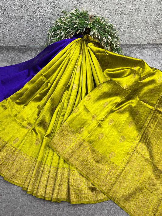 LIME GREEN TASSAR DUPION SILK PURE HANDLOOM BANARASI SAREE