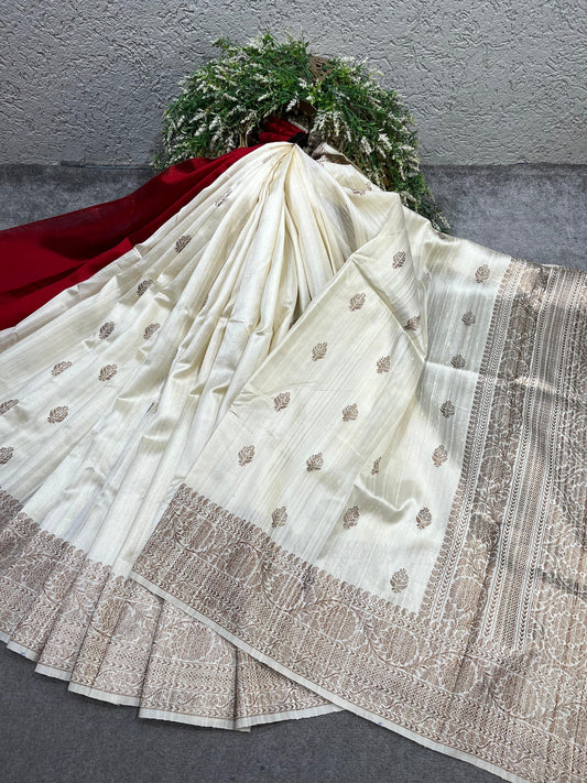 IVORY TASSAR DUPION DSILK PURE HANDLOOM BANARASI SAREE