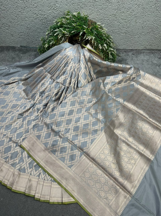 PASTEL BLUE GREY SILK PURE HANDLOOM BANARASI SAREE