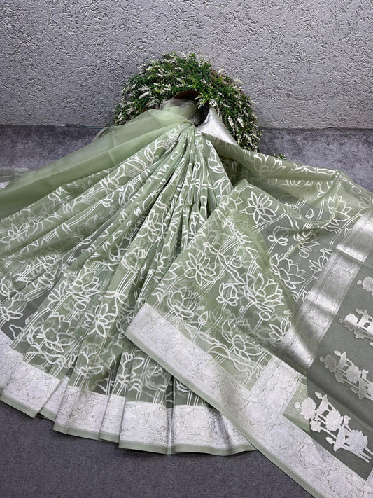 PASTEL SAGE GREEN KORA PURE HANDLOOM BANARASI SAREE