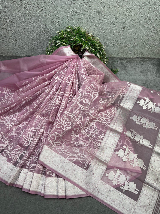 DUSTY ROSE PINK KORA PURE HANDLOOM BANARASI SAREE