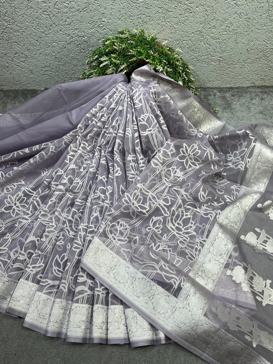 LAVENDER GREY KORA PURE HANDLOOM BANARASI SAREE