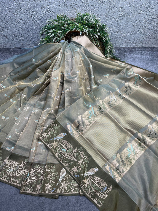 SAGE GREY KORA TISSUE PURE HANDLOOM BANARASI SAREE