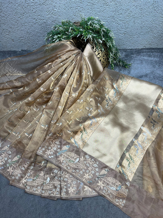 TAUPE BROWN KORA TISSUE PURE HANDLOOM BANARASI SAREE