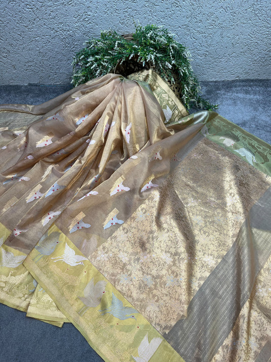 CHAMPAGNE BEIGE KORA TISSUE PURE HANDLOOM BANARASI SAREE