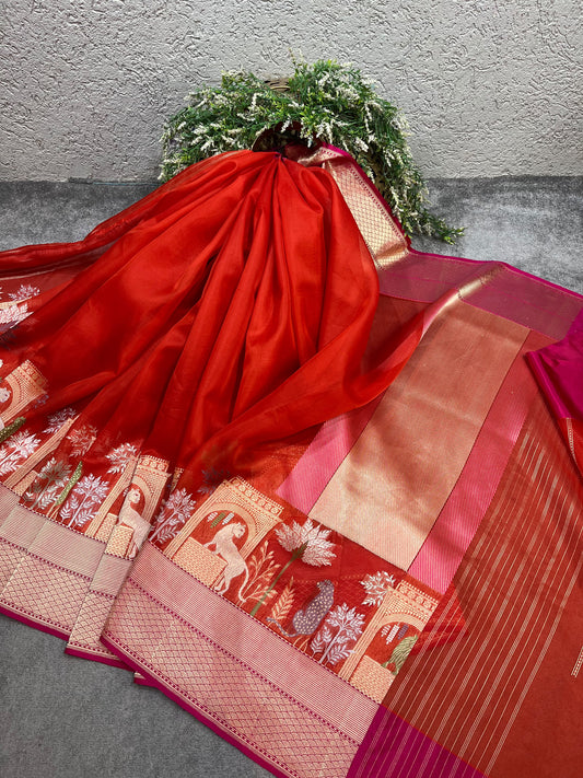 RED KORA PURE HANDLOOM BANARASI SAREE