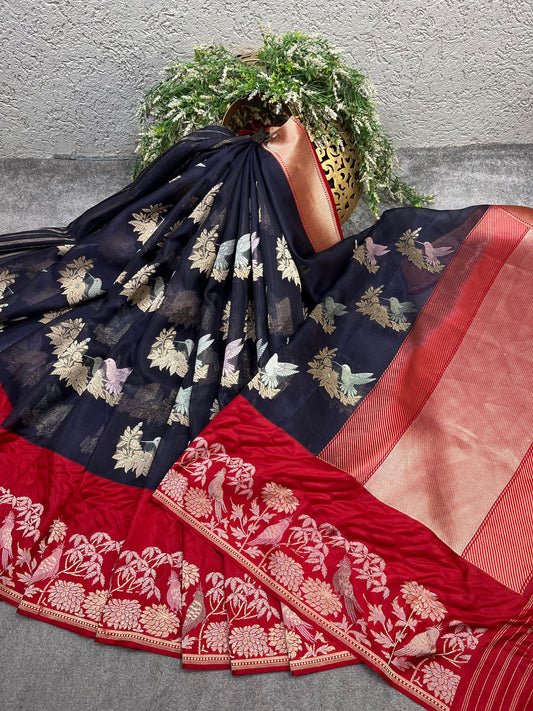NAVY BLUE KORA PURE HANDLOOM BANARASI SAREE