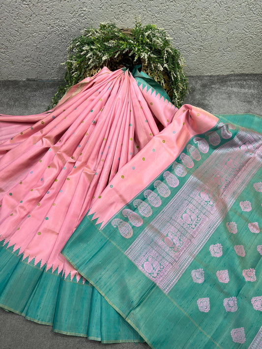 BLUSH PINK SILK PURE HANDLOO GADWAL SAREE