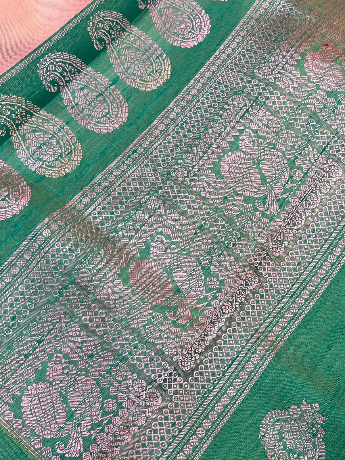 BLUSH PINK SILK PURE HANDLOO GADWAL SAREE