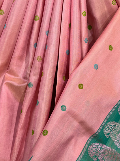 BLUSH PINK SILK PURE HANDLOO GADWAL SAREE