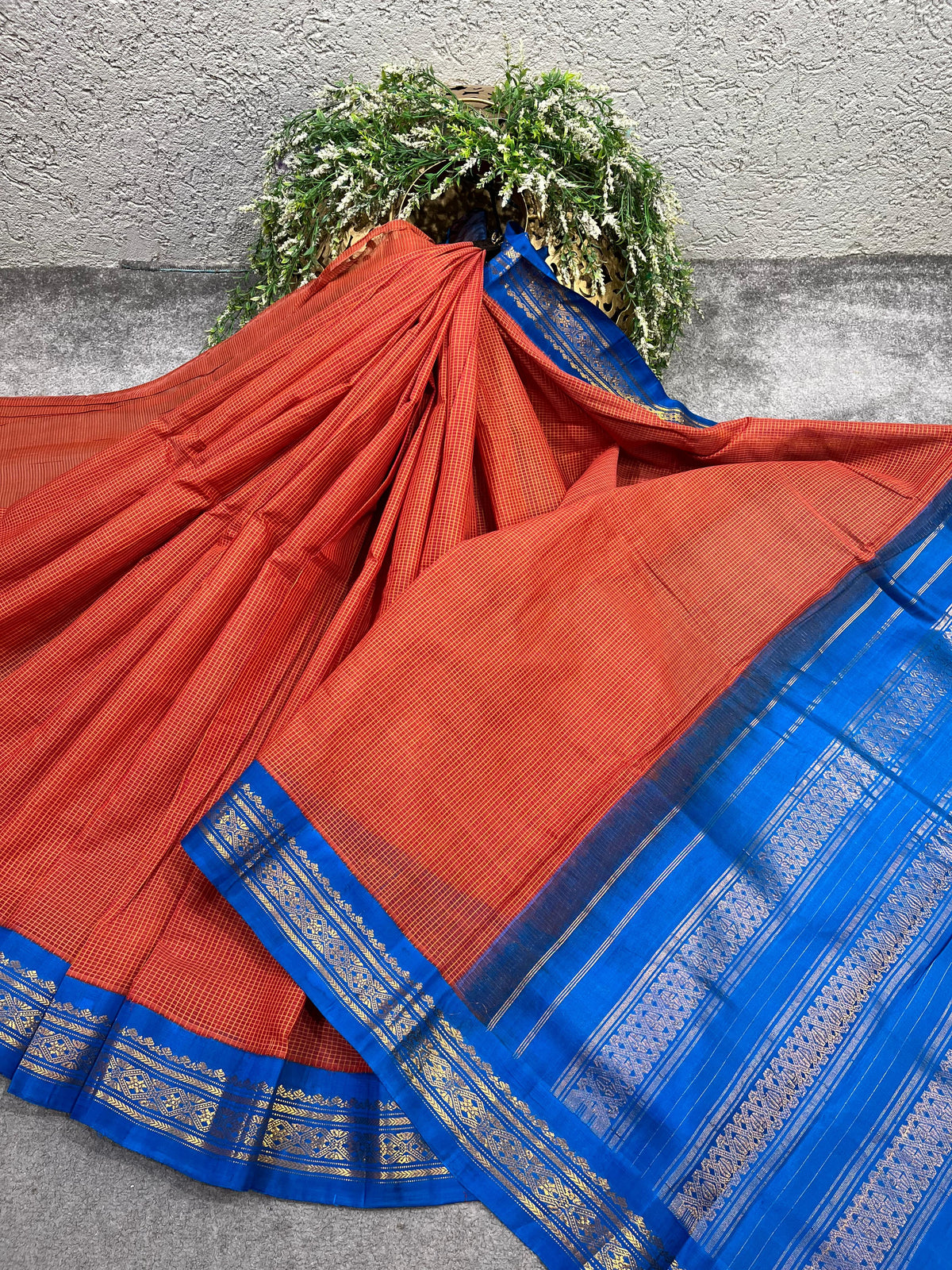 BURNT ORANGE COTTON PURE HANDLOOM GADWAL SAREE