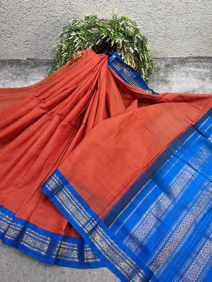 BURNT ORANGE COTTON PURE HANDLOOM GADWAL SAREE