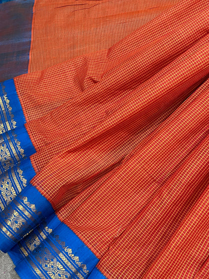 BURNT ORANGE COTTON PURE HANDLOOM GADWAL SAREE