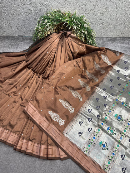 CHOCHLATE BROWN SILK PURE HANDLOOM PAITHANI SAREE