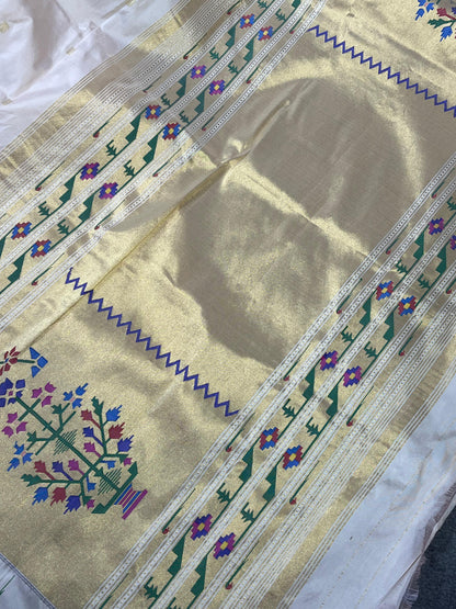 IVORY PEACH SILK PURE HANDLOOM PAITHANI SAREE