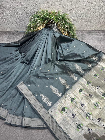 CHARCOAL GREY SILK PURE HANDLOOM PAITHANI SAREE