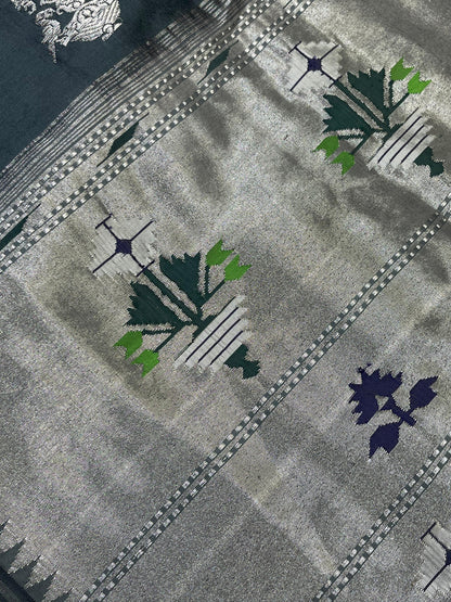 CHARCOAL GREY SILK PURE HANDLOOM PAITHANI SAREE