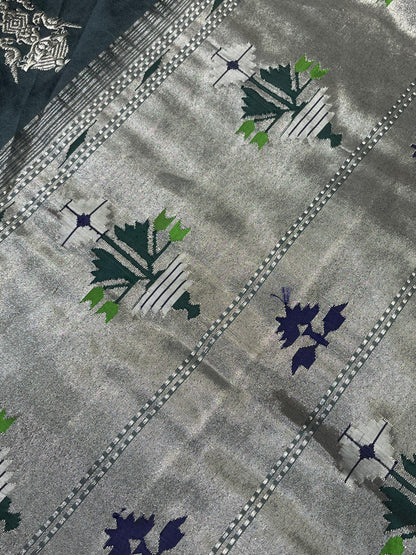 CHARCOAL GREY SILK PURE HANDLOOM PAITHANI SAREE