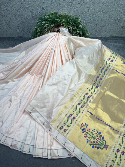 IVORY PEACH SILK PURE HANDLOOM PAITHANI SAREE