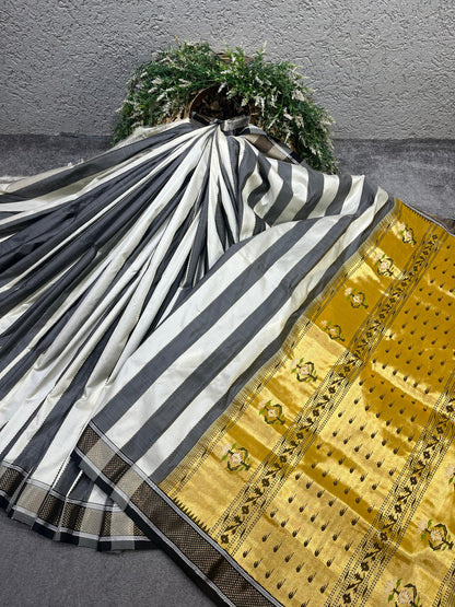 BLACK AND IVORY SILK PURE HANDLOOM PAITHANI SAREE