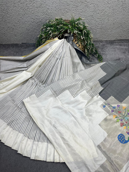 IVORY AND CHARCOAL GREY SILK PURE HANDLOOM PAITHANI SAREE