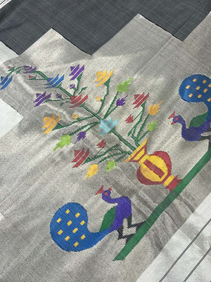 IVORY AND CHARCOAL GREY SILK PURE HANDLOOM PAITHANI SAREE