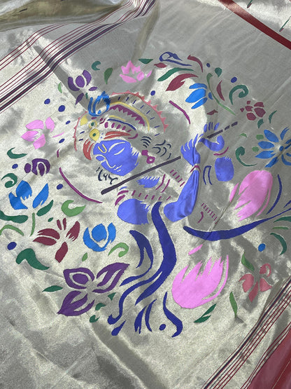 IVORY SILVER TISSUE SILK PURE HANDLOOM PAITHANI SAREE
