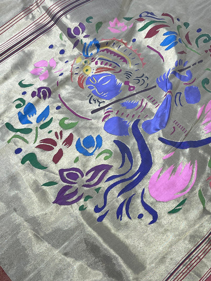 IVORY SILVER TISSUE SILK PURE HANDLOOM PAITHANI SAREE