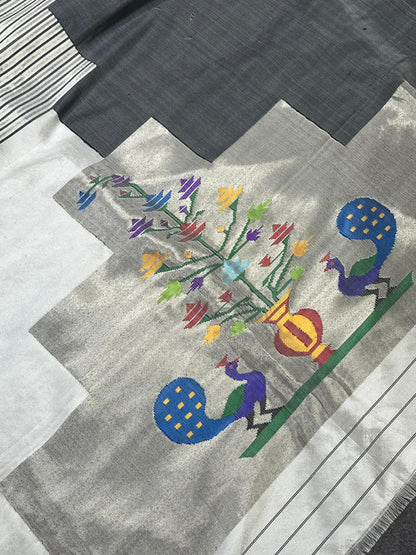 IVORY AND CHARCOAL GREY SILK PURE HANDLOOM PAITHANI SAREE