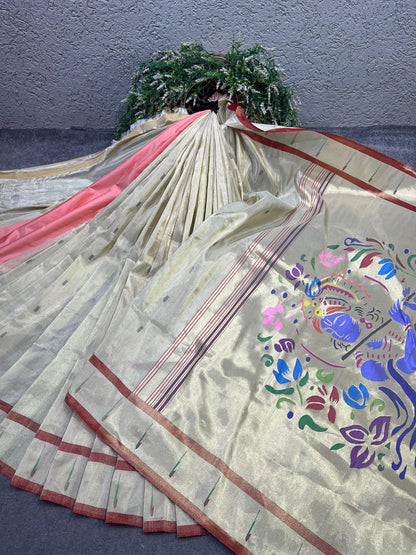 IVORY SILVER TISSUE SILK PURE HANDLOOM PAITHANI SAREE