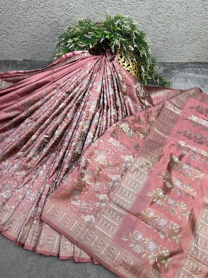 DUSTY ROSE PINK TANCHOI PURE HANDLOOM BANARASI SAREE