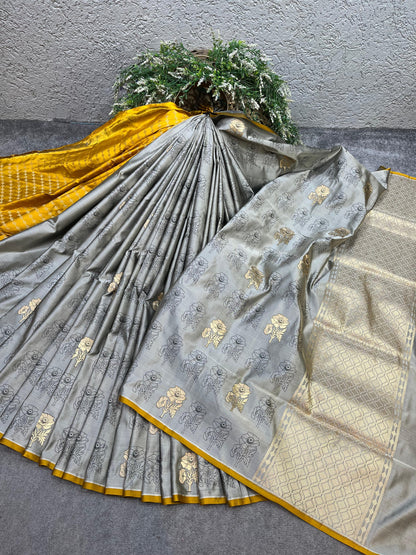 GREY TANCHOI PURE HANDLOOM BANARASI SAREE