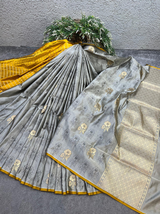 GREY TANCHOI PURE HANDLOOM BANARASI SAREE