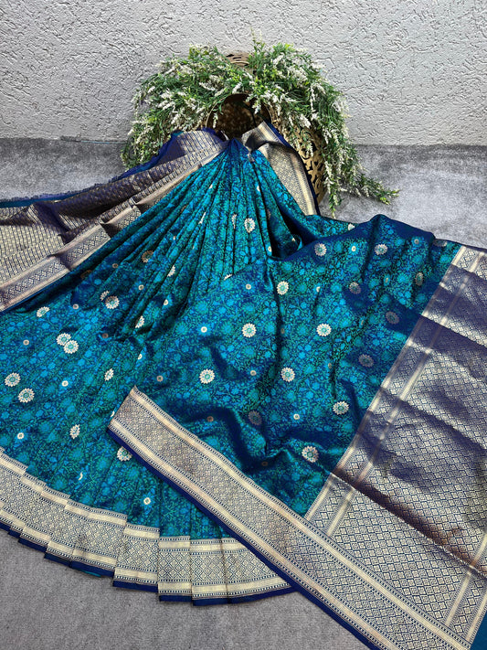 PEACOCK BLUE TANCHOI PURE HANDLOOM BANARASI SAREE