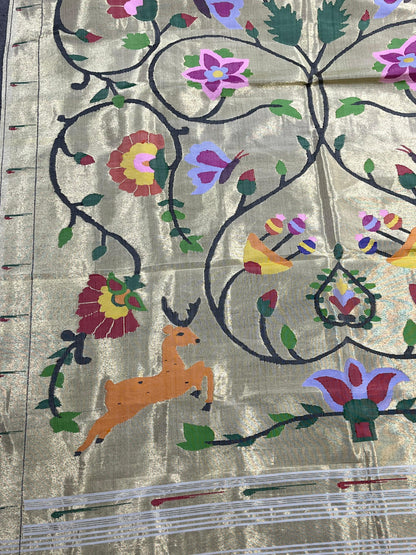 IVORY GOLD TISSUE SILK PURE HANDLOOM PAITHANI DUPATTA