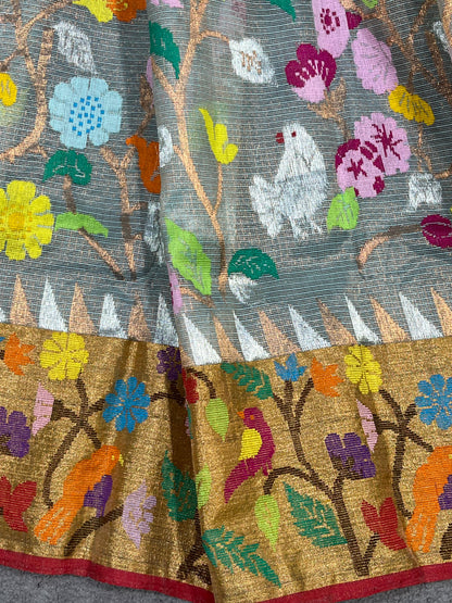 AQUA GREY KOTA PURE HANDLOOM KOTA DORIYA DUPATTA
