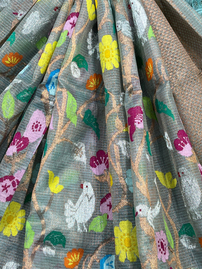 AQUA GREY KOTA PURE HANDLOOM KOTA DORIYA DUPATTA