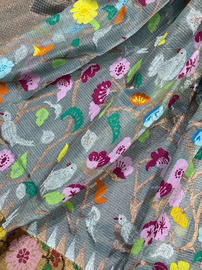 AQUA GREY KOTA PURE HANDLOOM KOTA DORIYA DUPATTA