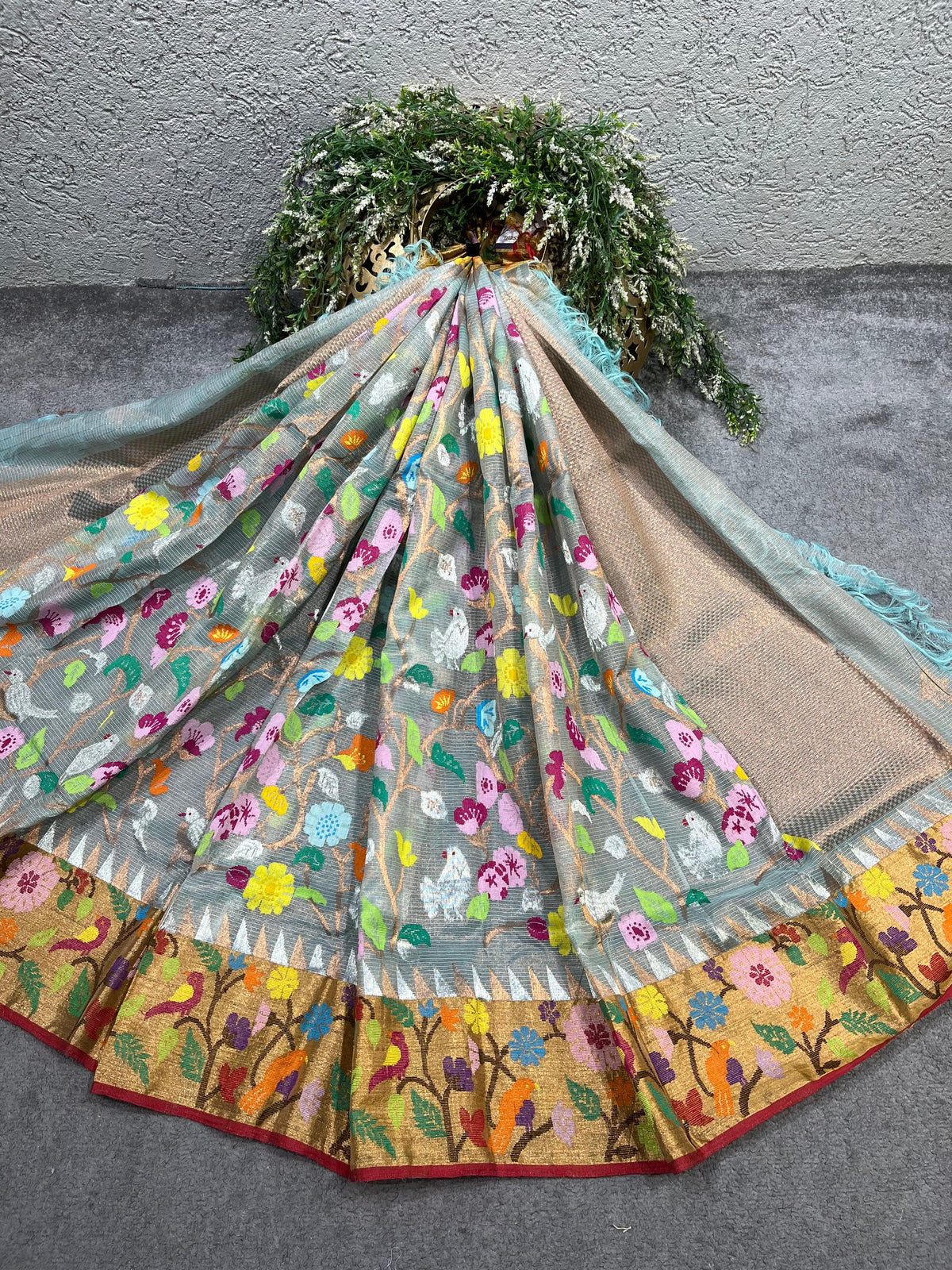 AQUA GREY KOTA PURE HANDLOOM KOTA DORIYA DUPATTA
