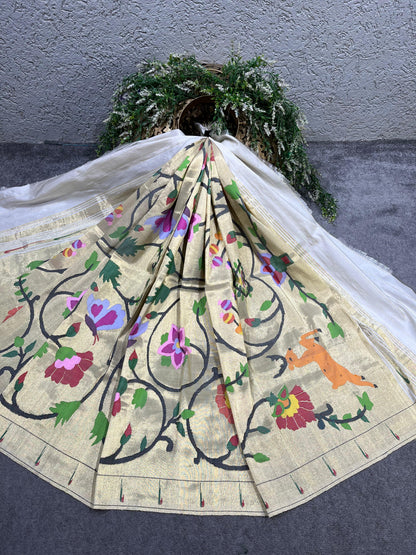 IVORY GOLD TISSUE SILK PURE HANDLOOM PAITHANI DUPATTA