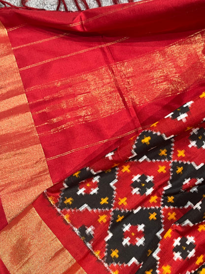 RED BLACK SILK PURE HANDLOOM IKKAT DUPATTA