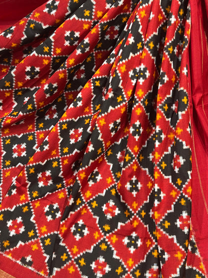 RED BLACK SILK PURE HANDLOOM IKKAT DUPATTA