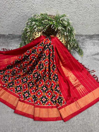 RED BLACK SILK PURE HANDLOOM IKKAT DUPATTA