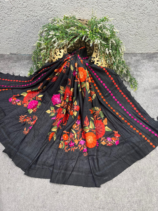 BLACK TASSAR PURE HANDLOOM PHULKARI DUPATTA