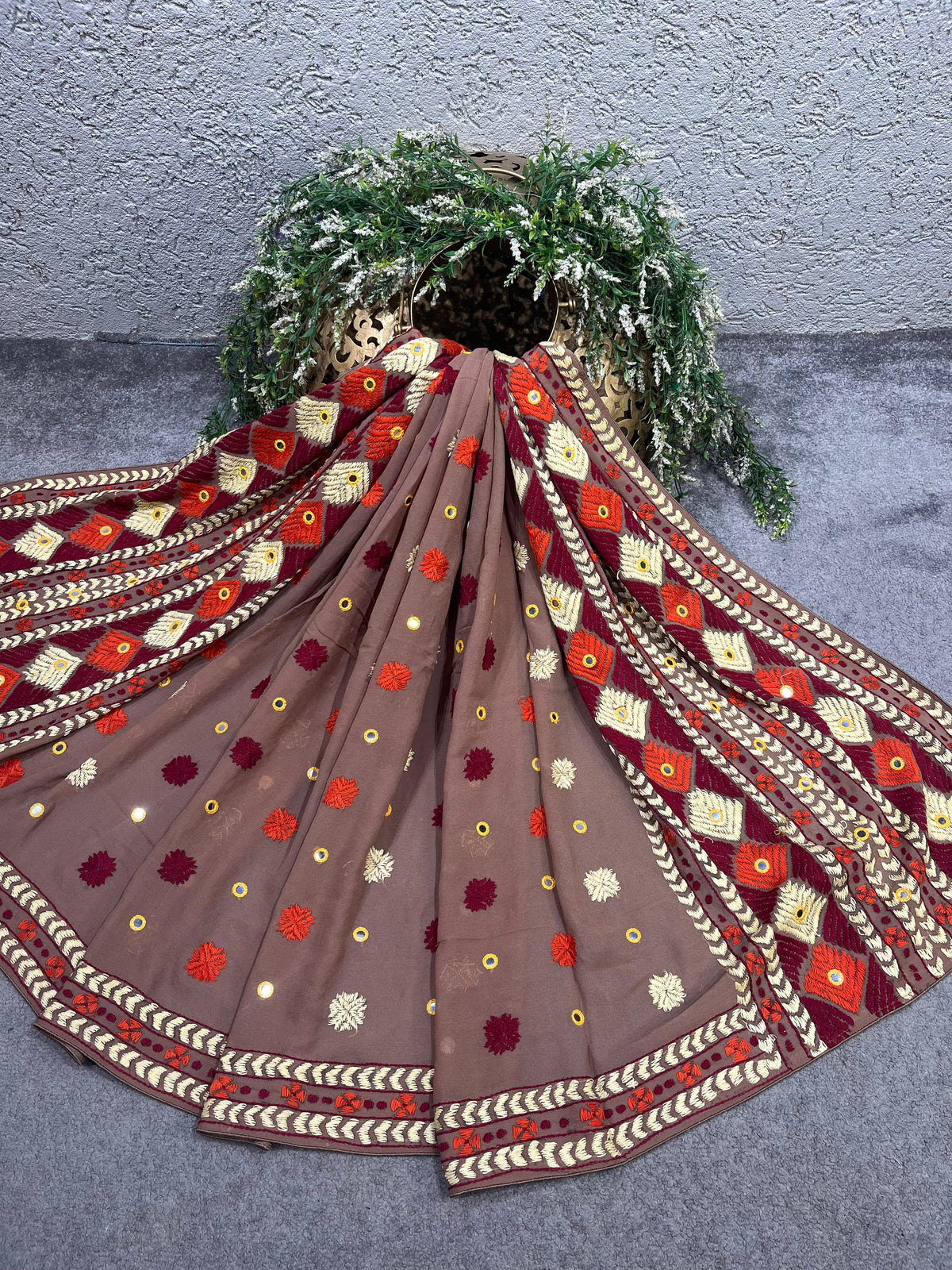 TAUPE BROWN GEORGETTE PURE HANDLOOM PHULKARI DUPATTA