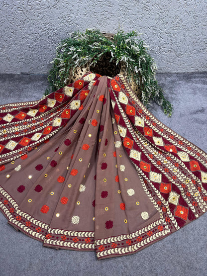 TAUPE BROWN GEORGETTE PURE HANDLOOM PHULKARI DUPATTA